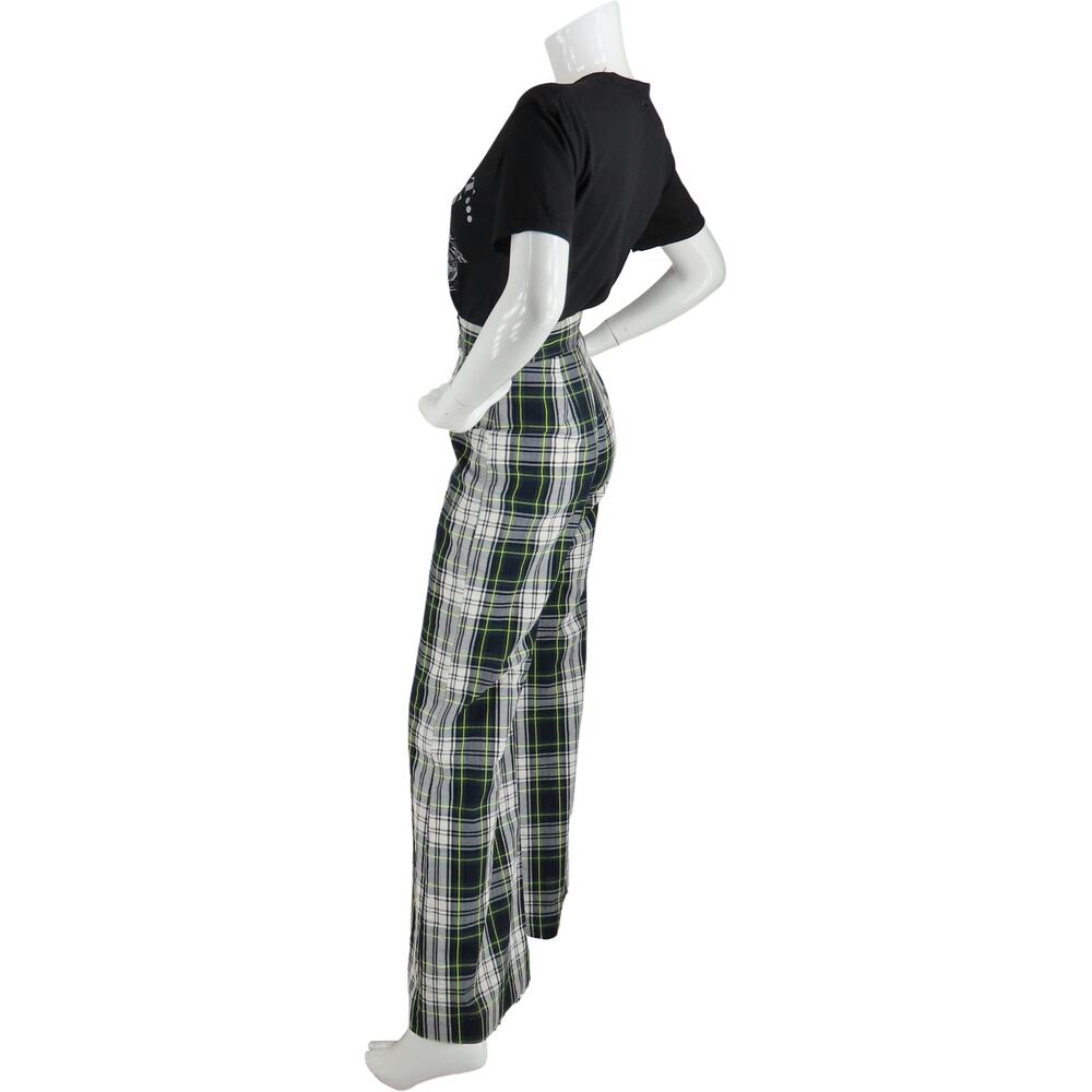 Vintage Bell Bottom Flare Rock Grunge Punk High Waisted Disco Green Plaid Pants - Picture 6 of 10